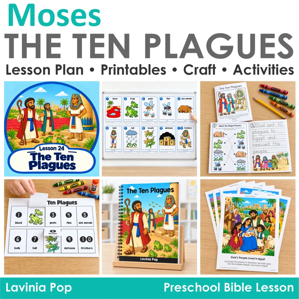 Ten Plagues preschool Bible lesson preview showing the storybook, retelling posters, review cards, flap craft, and take-home booklet.