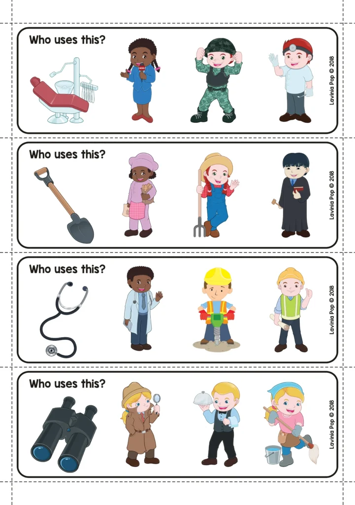 ho Uses This? cards showing a dental chair, shovel, stethoscope, and binoculars, each with three community helper choices.