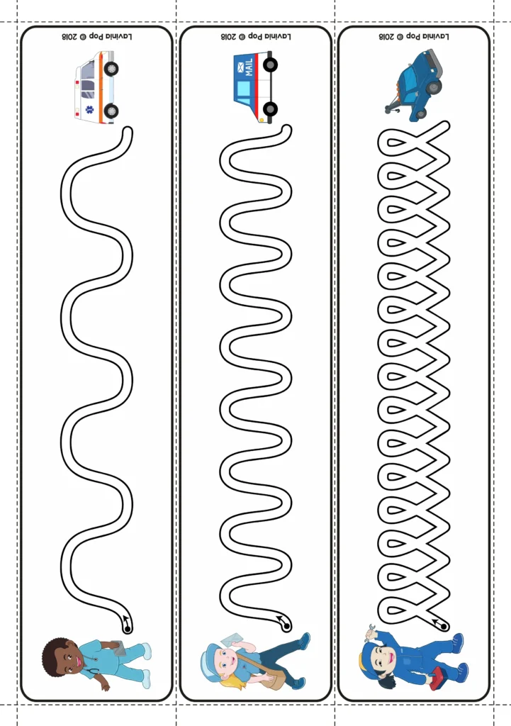 hree tracing cards with curved and looping paths connecting a nurse, mail carrier, and mechanic to their vehicles.