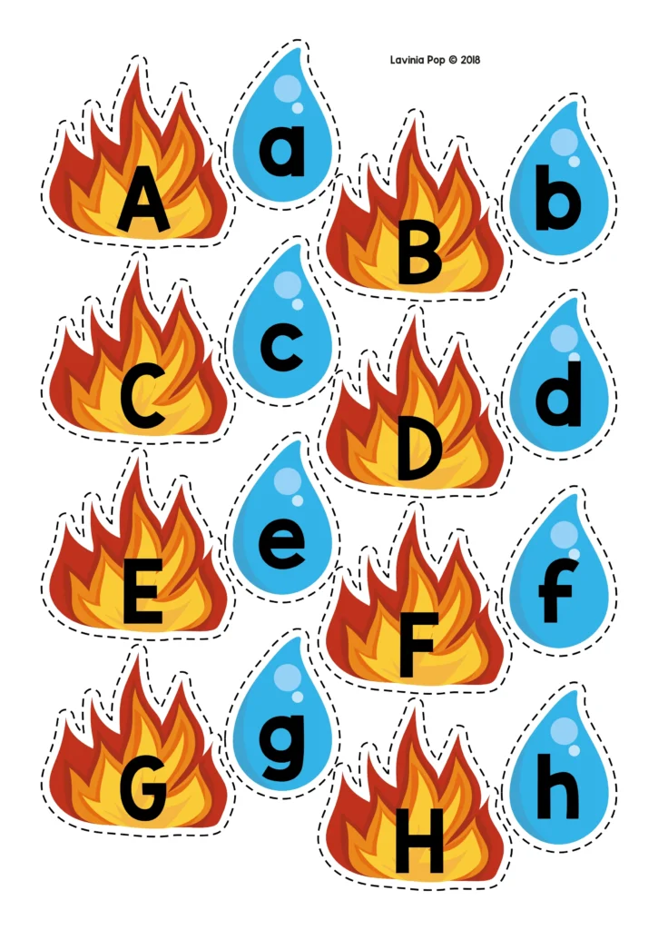 Printable flames with uppercase letters A to H and blue water drops with matching lowercase letters.