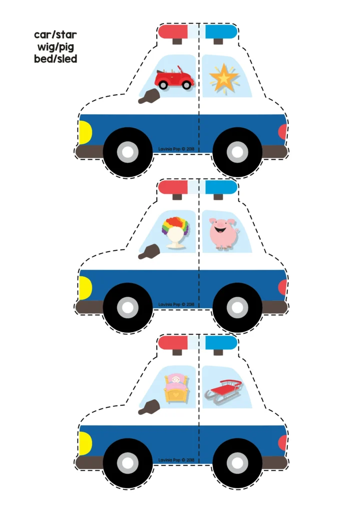 Three police car puzzles pairing rhyming pictures of car and star, wig and pig, and bed and sled.