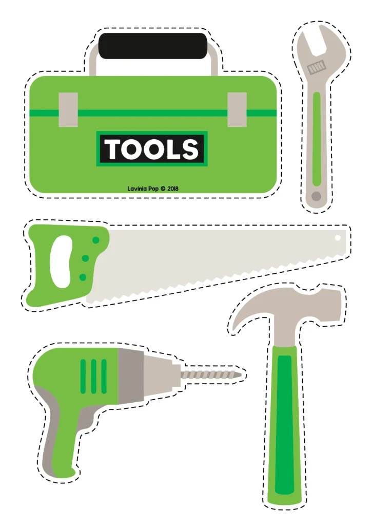 ntable green toolbox with a matching green wrench, saw, drill, and hammer for a preschool color sorting activity.
