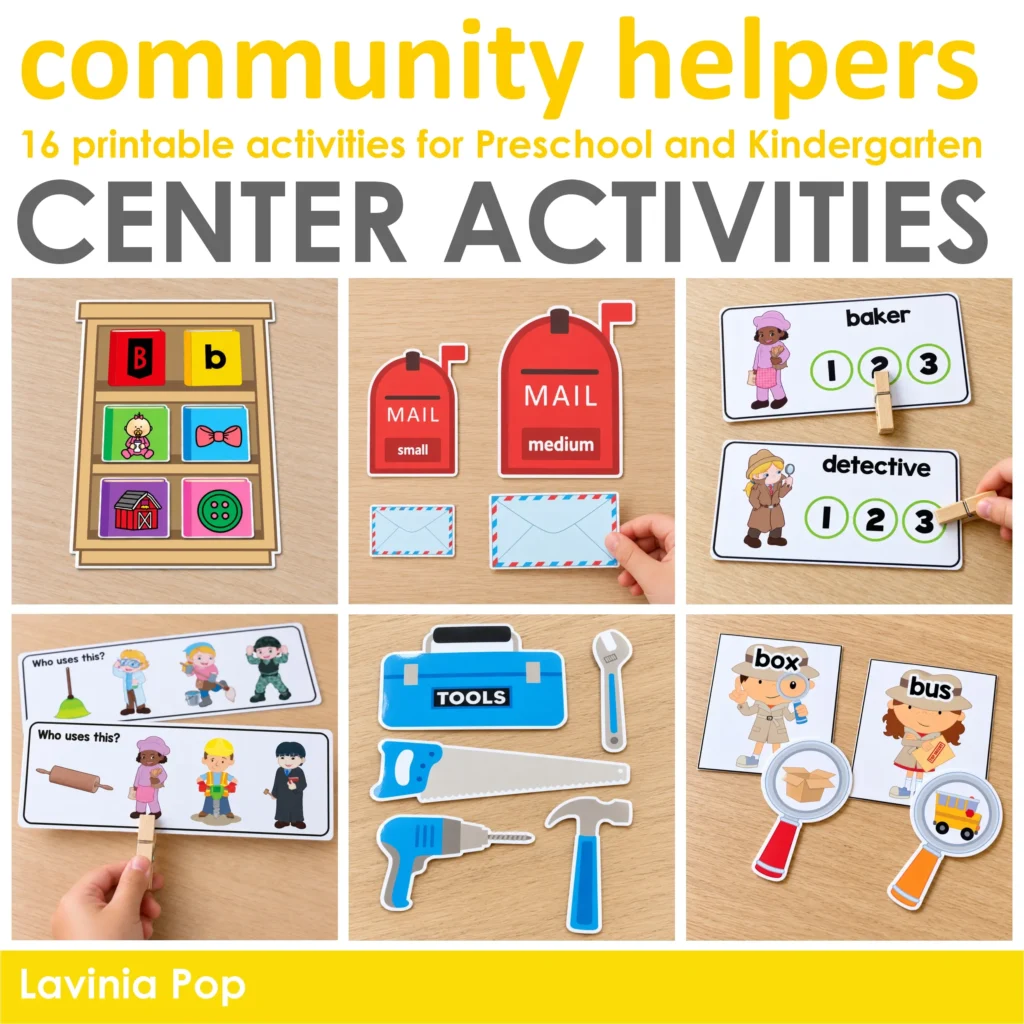 Community helpers activity collage showing library beginning sounds, mailbox size sorting, syllable cards, tool and job matching, toolbox color sorting, and detective CVC word matching.