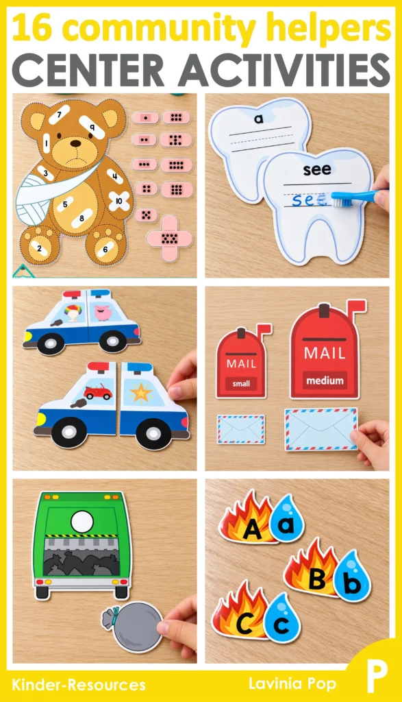 Collage promoting 16 community helpers centers, showing teddy counting, tooth sight words, police car rhymes, mailbox size sorting, garbage truck shapes, and firefighter letter matching.