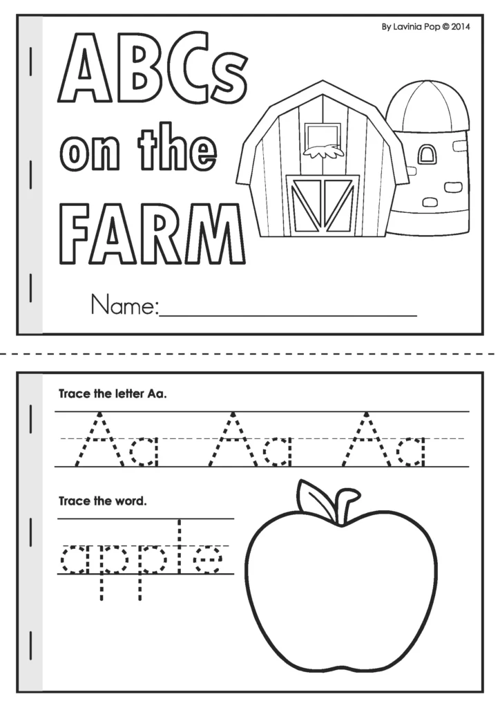 ABCs on the Farm cover and Aa tracing page with an apple, included in the free Farm Preschool Worksheets and Activities sample.