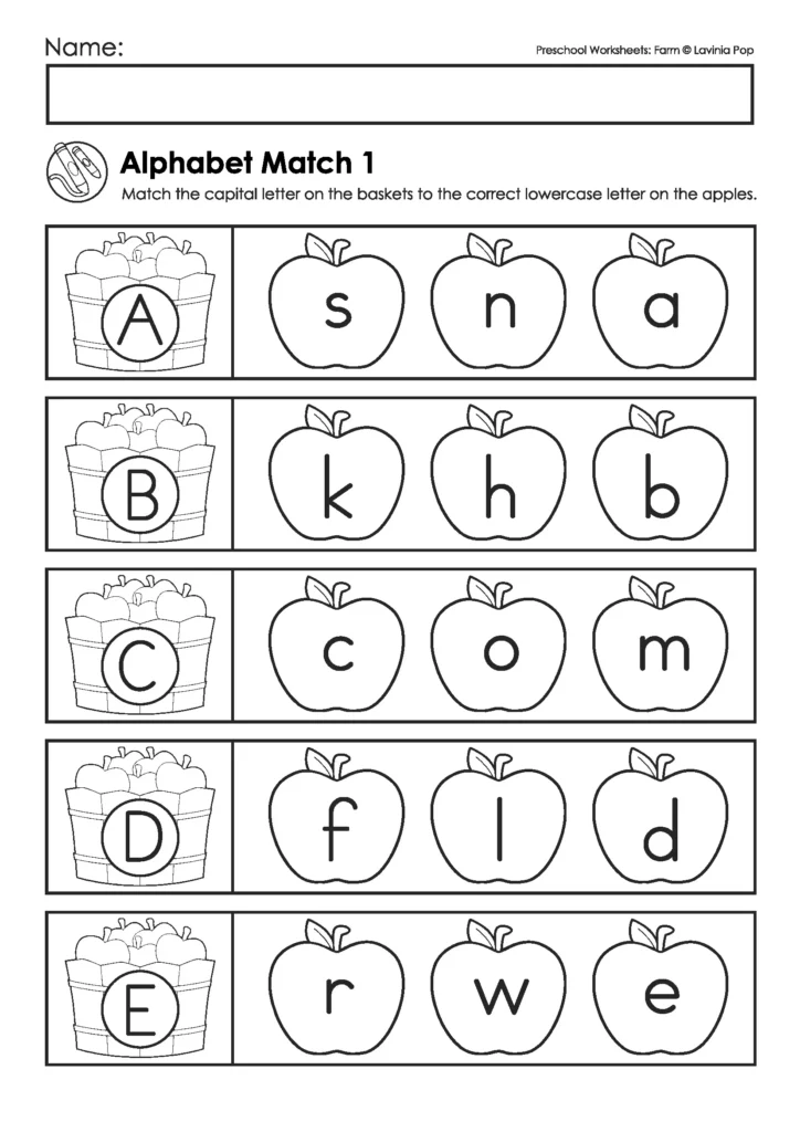 Uppercase letters A–E on apple baskets with lowercase letter choices, included in the free Farm Preschool Worksheets and Activities sample.