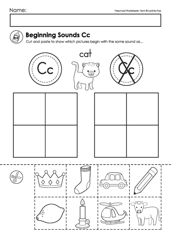Letter C picture sort with cutouts for identifying the beginning sound in cat, included in the free Farm Preschool Worksheets and Activities sample.