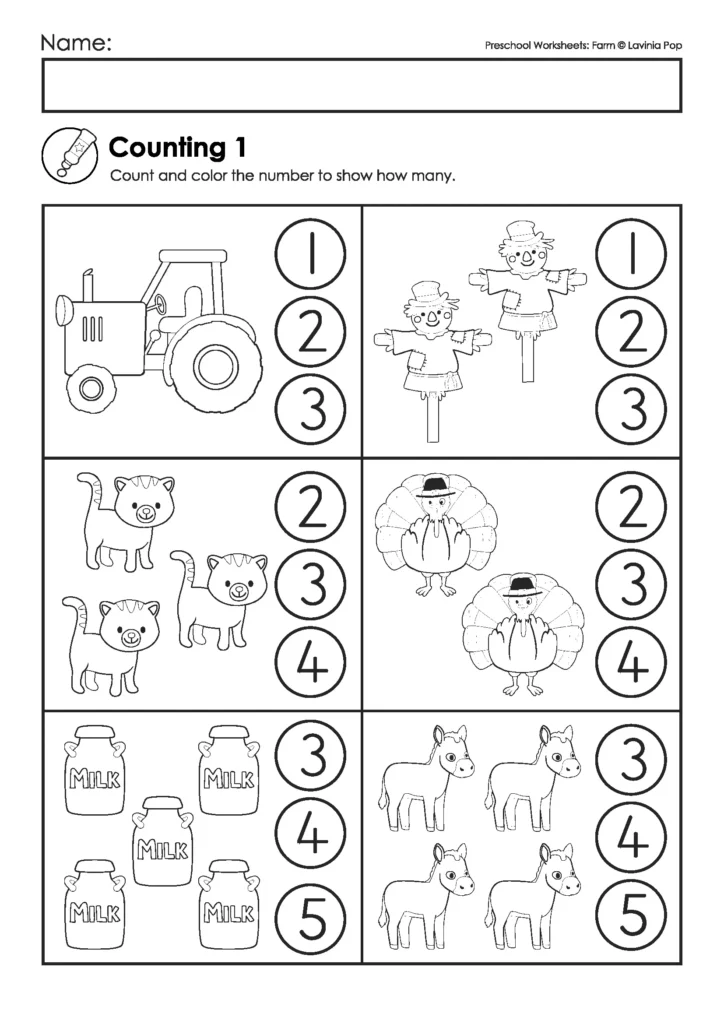 Six groups of farm pictures with number choices for counting quantities from 1 to 5, included in the free Farm Preschool Worksheets and Activities sample.