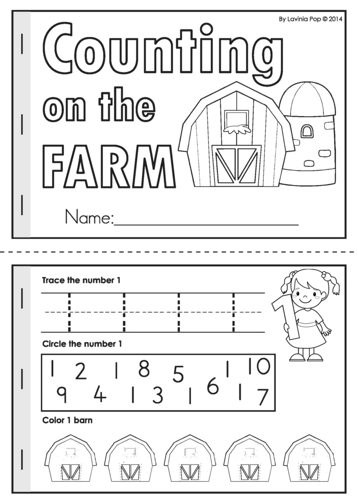 Counting booklet cover and number 1 page with tracing, number recognition, and barns, included in the free Farm Preschool Worksheets and Activities sample.