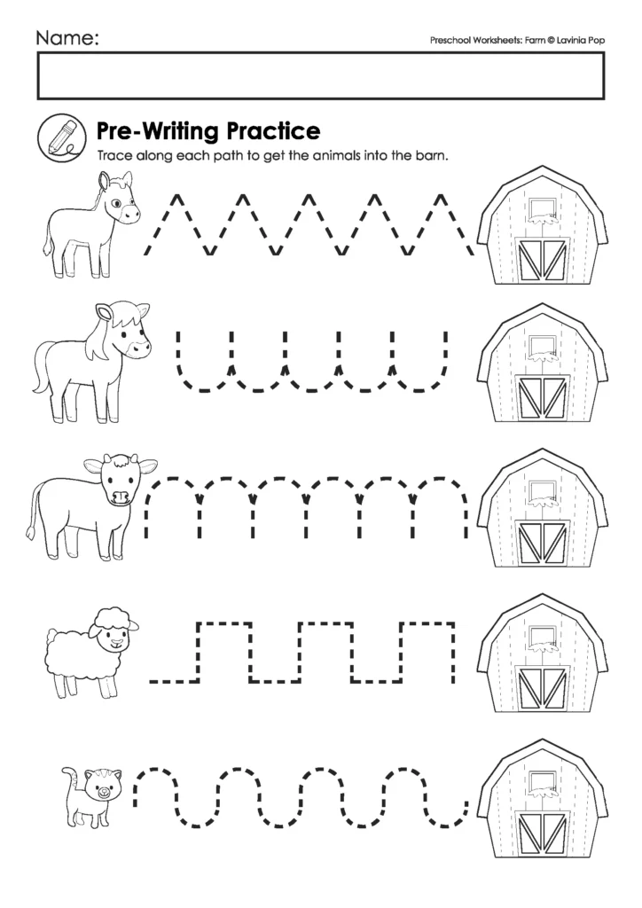 Five dashed tracing paths connecting farm animals to barns, included in the free Farm Preschool Worksheets and Activities sample.