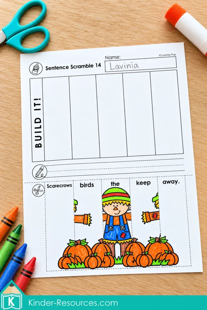 Fall sentence building scarecrow worksheet colored before cutting, with the assembly area and writing line still blank.