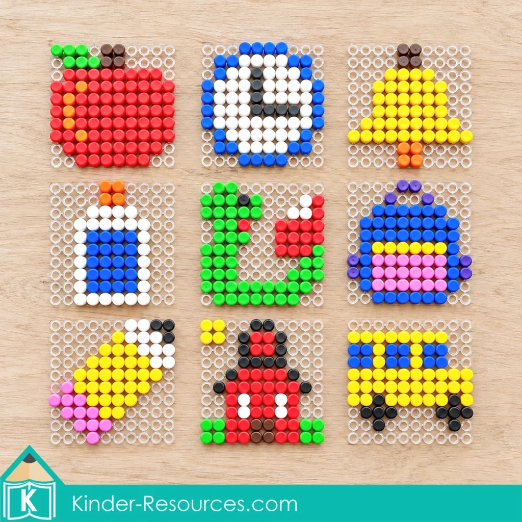 Apple, clock, bell, glue bottle, bookworm, backpack, pencil, schoolhouse, and bus designs built with colorful mosaic pegs on nine clear pegboards. Back to school fine motor activities for preschool and kindergarten, created by Lavinia Pop.