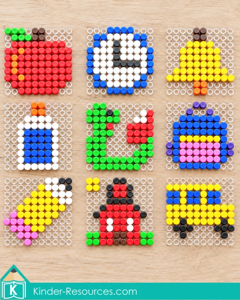 Red schoolhouse made with colorful mosaic pegs on a clear pegboard beside its matching printable pattern and a tray of pegs. Back to school fine motor activity for preschool and kindergarten, created by Lavinia Pop.