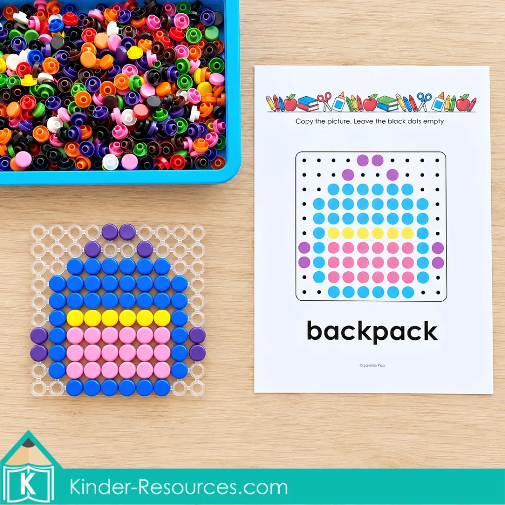 Blue and pink backpack with yellow and purple details made from mosaic pegs on a clear pegboard beside its printable pattern. Back to school color matching and fine motor activity for preschool and kindergarten, created by Lavinia Pop.