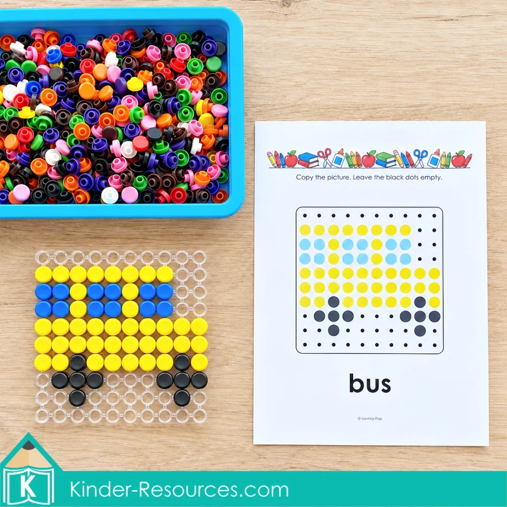 Yellow school bus with blue windows and black wheels built with mosaic pegs beside a matching printable bus pattern and a tray of colorful pegs. Preschool and kindergarten fine motor activity created by Lavinia Pop.