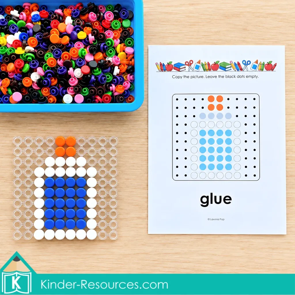 Blue and white glue bottle with an orange cap made from mosaic pegs on a clear pegboard beside its printable pattern. Back to school pattern copying and fine motor activity for preschool and kindergarten, created by Lavinia Pop.