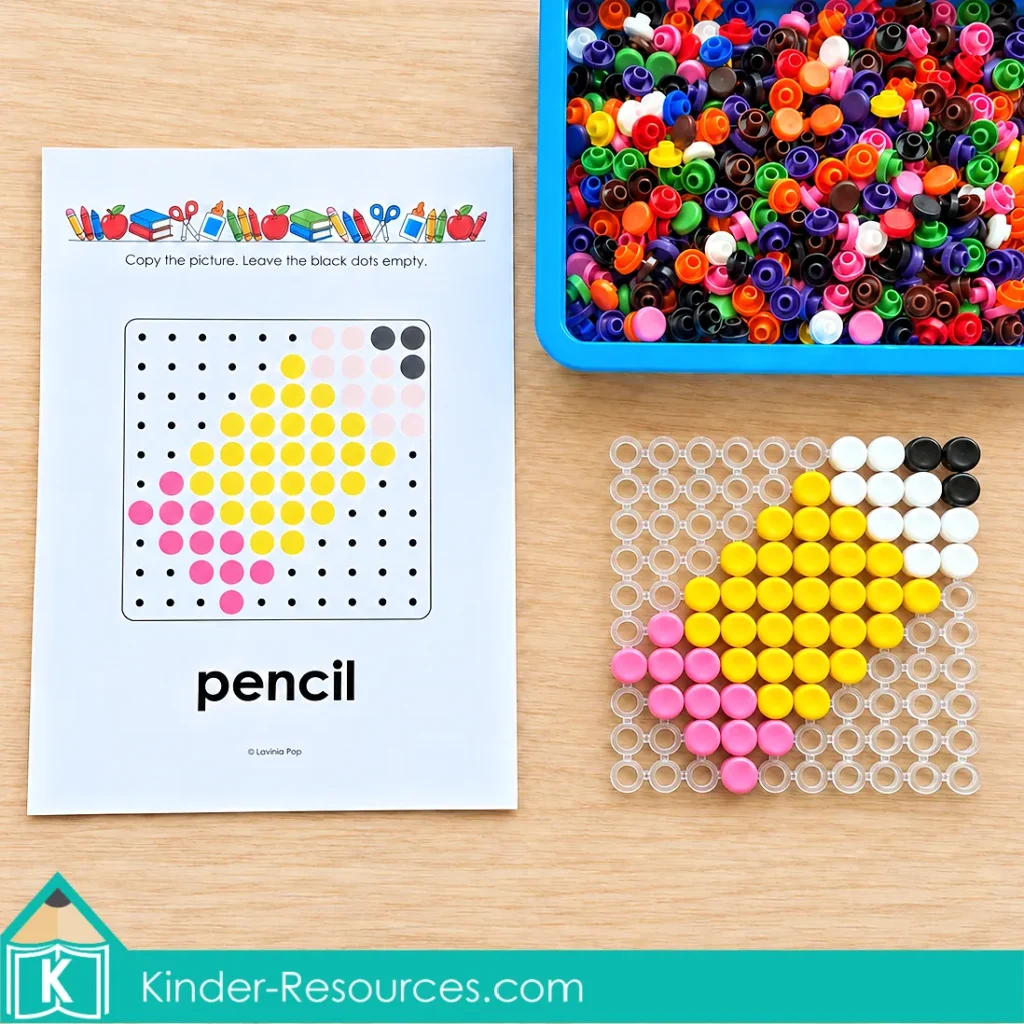 Diagonal yellow pencil with a pink eraser and black tip built with mosaic pegs beside its matching printable pencil pattern. Back to school fine motor and color matching activity for preschool and kindergarten, created by Lavinia Pop.