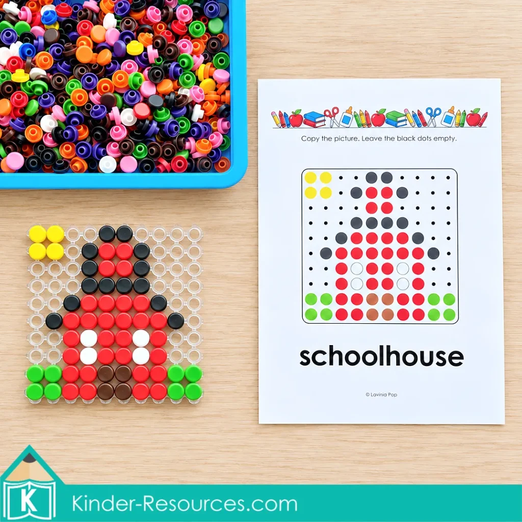 Red schoolhouse made with colorful mosaic pegs on a clear pegboard beside its matching printable pattern and a tray of pegs. Back to school fine motor activity for preschool and kindergarten, created by Lavinia Pop.