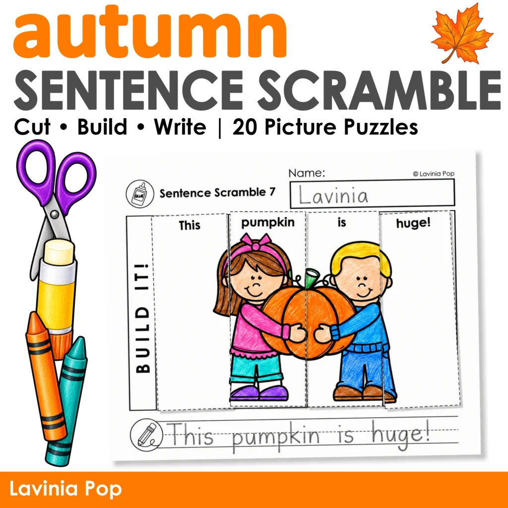 Fall sentence building cover for 20 picture puzzles, with a completed pumpkin puzzle and handwritten sentence.