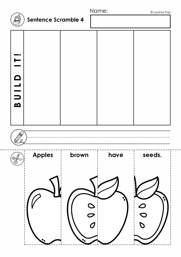 Fall sentence building worksheet with four scrambled apple picture strips and space to write the completed sentence.