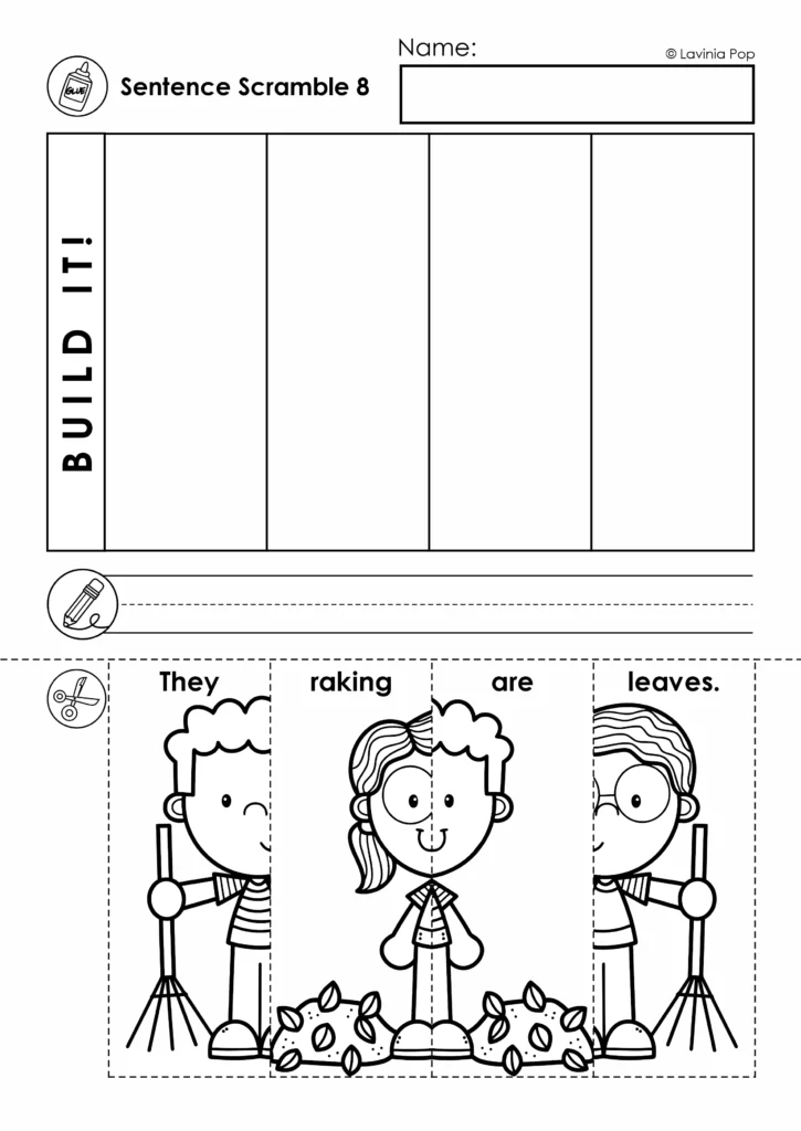 Fall sentence building worksheet with scrambled picture strips of children raking leaves and a blank writing line.