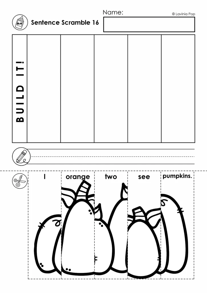 Fall sentence building worksheet with five scrambled pumpkin picture strips and a blank handwriting line.