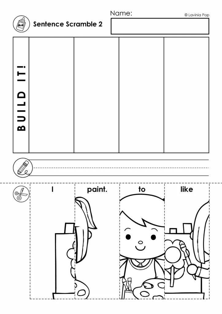 Black-and-white back to school sentence building worksheet with four scrambled picture strips for “I like to paint.”