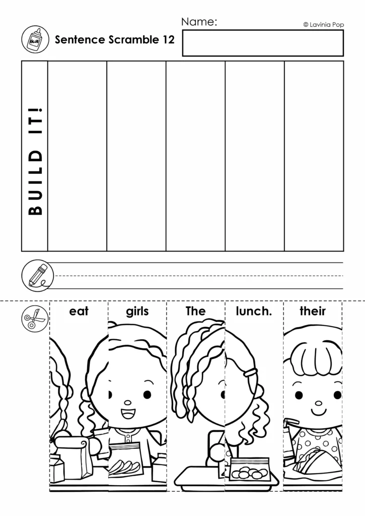 Black-and-white back to school sentence building worksheet with five scrambled picture strips for “The girls eat their lunch.”