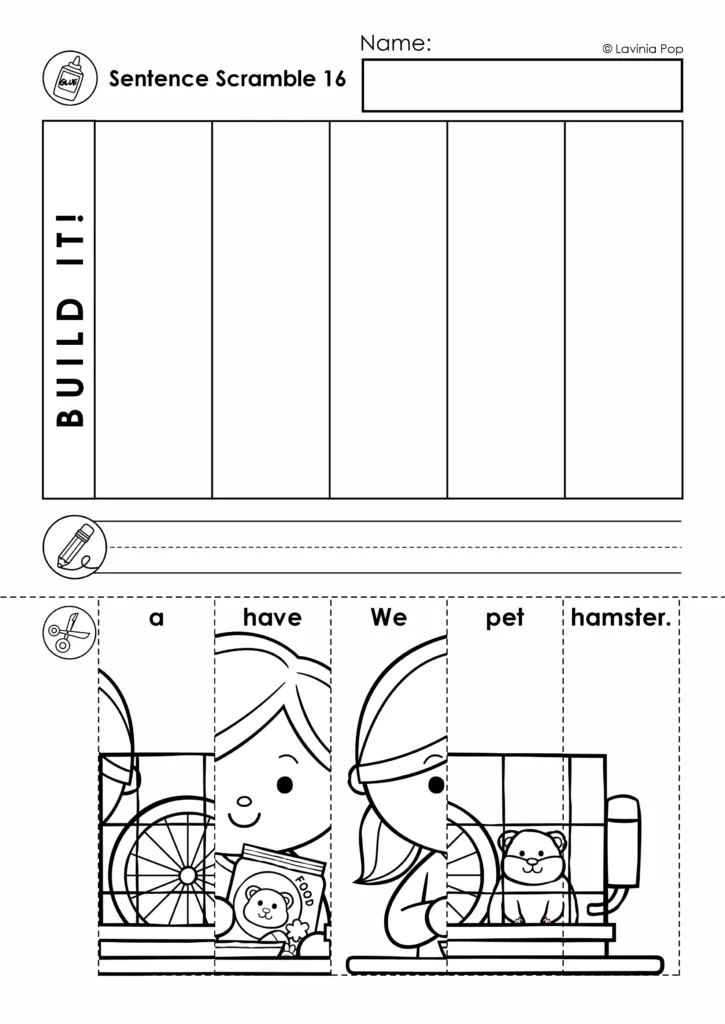 Black-and-white back to school sentence building worksheet with five scrambled picture strips for “We have a pet hamster.”