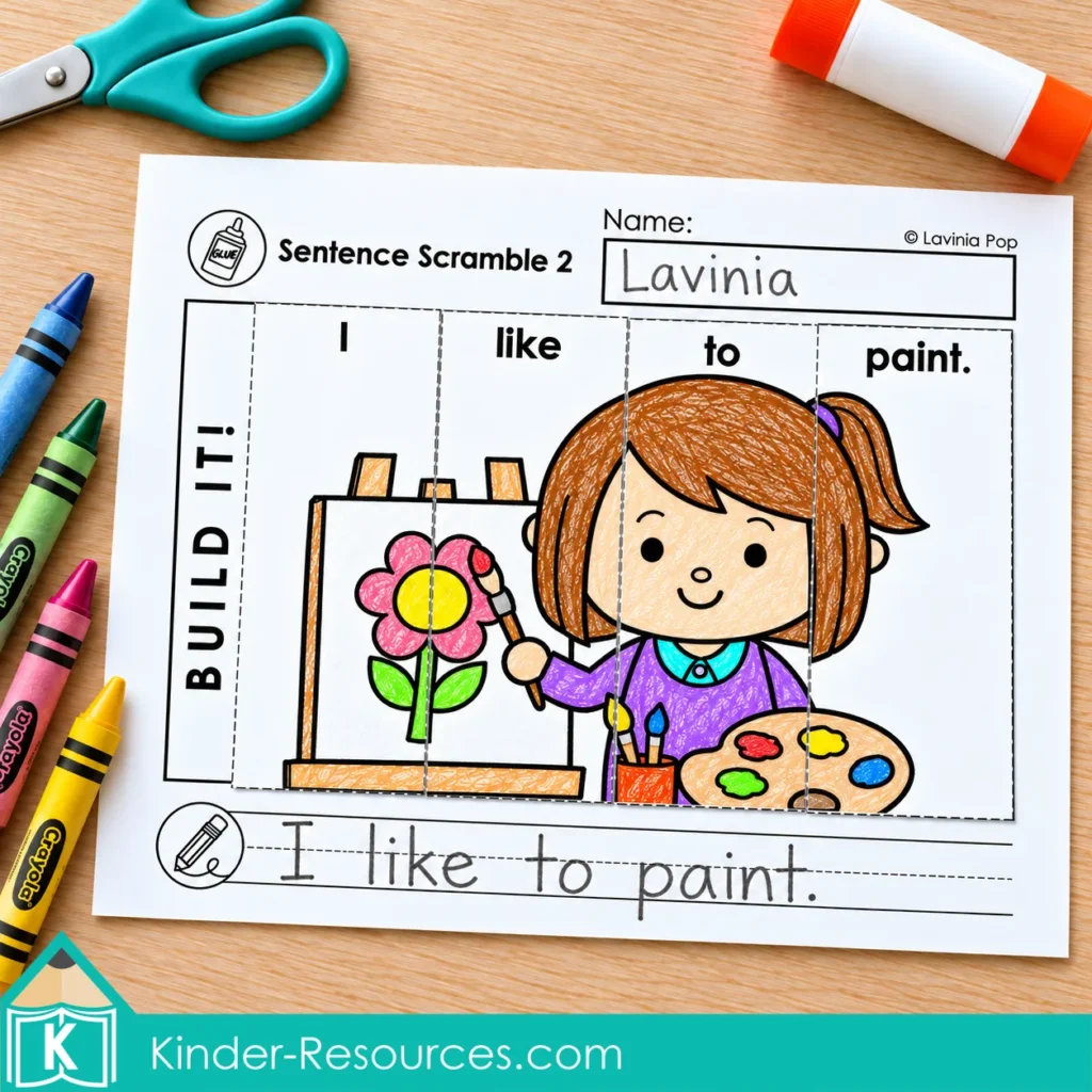 Back to school sentence building worksheet with a colored picture puzzle of a girl painting and the sentence “I like to paint.” assembled and copied onto handwriting lines.