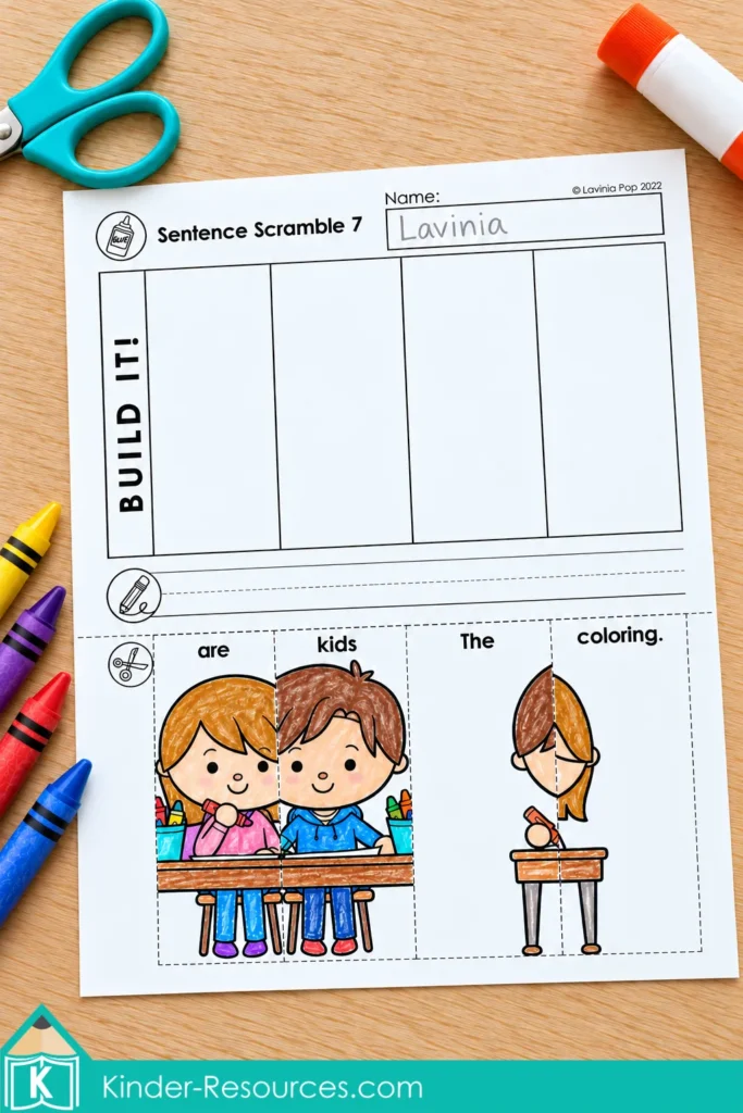 Back to school sentence building worksheet with scrambled picture strips for “The kids are coloring.”, empty puzzle spaces, and handwriting lines for sentence writing practice.