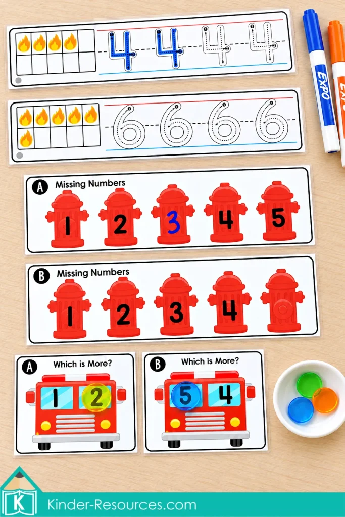 Fire safety number tracing cards, missing number hydrants, and fire truck comparison cards with markers and colored counters.