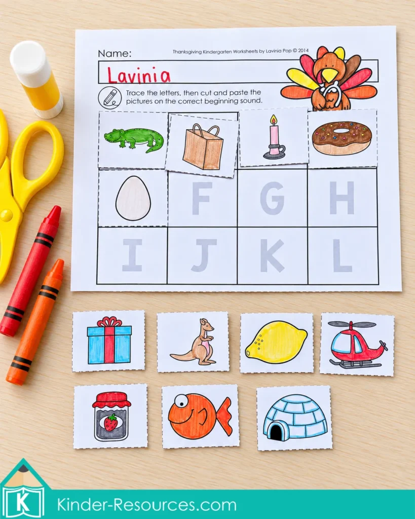 Beginning sounds cut-and-paste worksheet with pictures matched to letters A–E and seven loose picture cards for F–L.