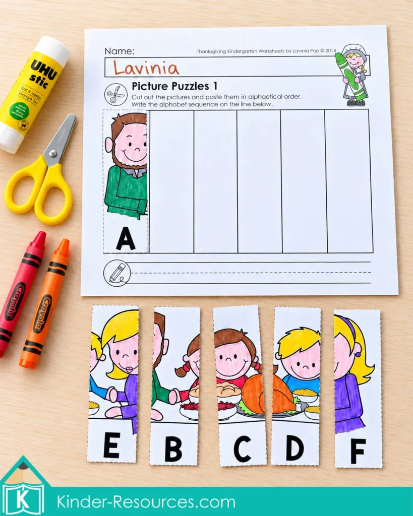 Thanksgiving alphabet picture puzzle with the A strip pasted in place and five loose strips ready to complete the family dinner scene.