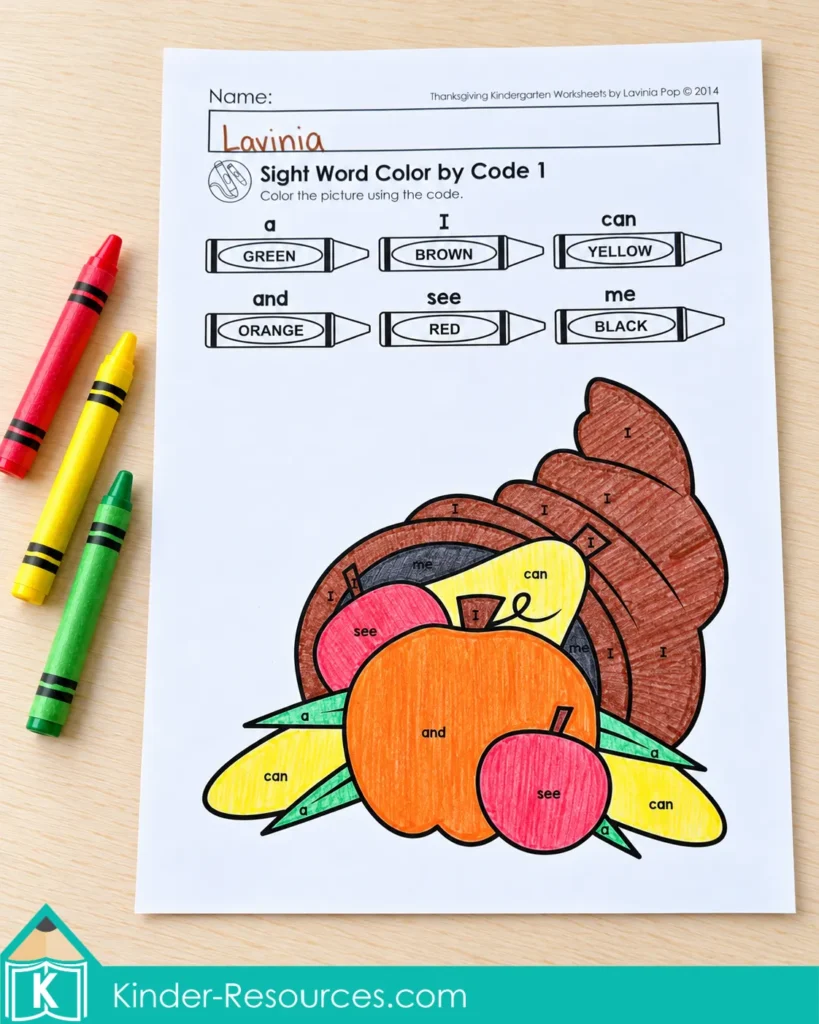 Thanksgiving cornucopia colored by sight word, with green leaves, yellow corn, red apples, an orange pumpkin, and a brown horn.