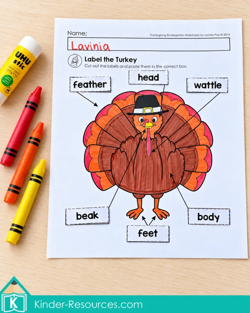 Colored turkey worksheet with cut-and-paste labels identifying the feather, head, wattle, beak, body, and feet.