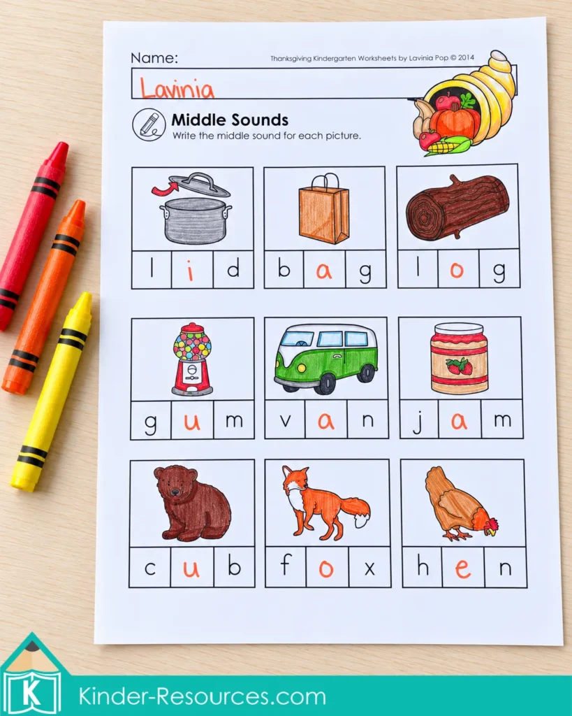 Completed Thanksgiving middle sounds worksheet showing the missing vowels in lid, bag, log, gum, van, jam, cub, fox, and hen.