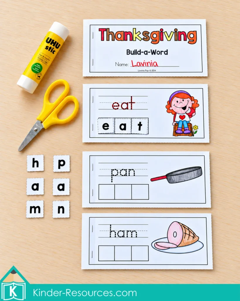 Thanksgiving build-a-word booklet with eat completed using letter tiles, plus pan and ham pages with loose letters ready to match.