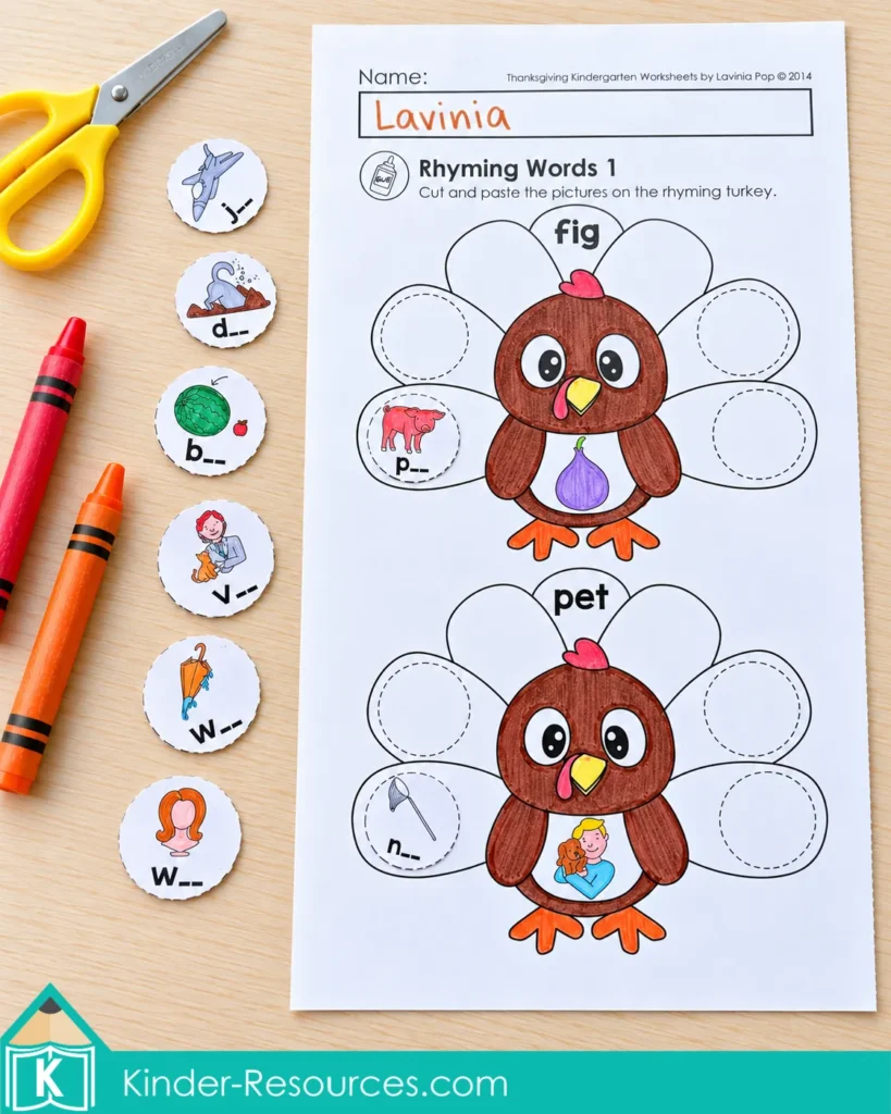 Turkey rhyming worksheet sorting pictures into the fig and pet word families, with two pictures pasted and six loose cards.