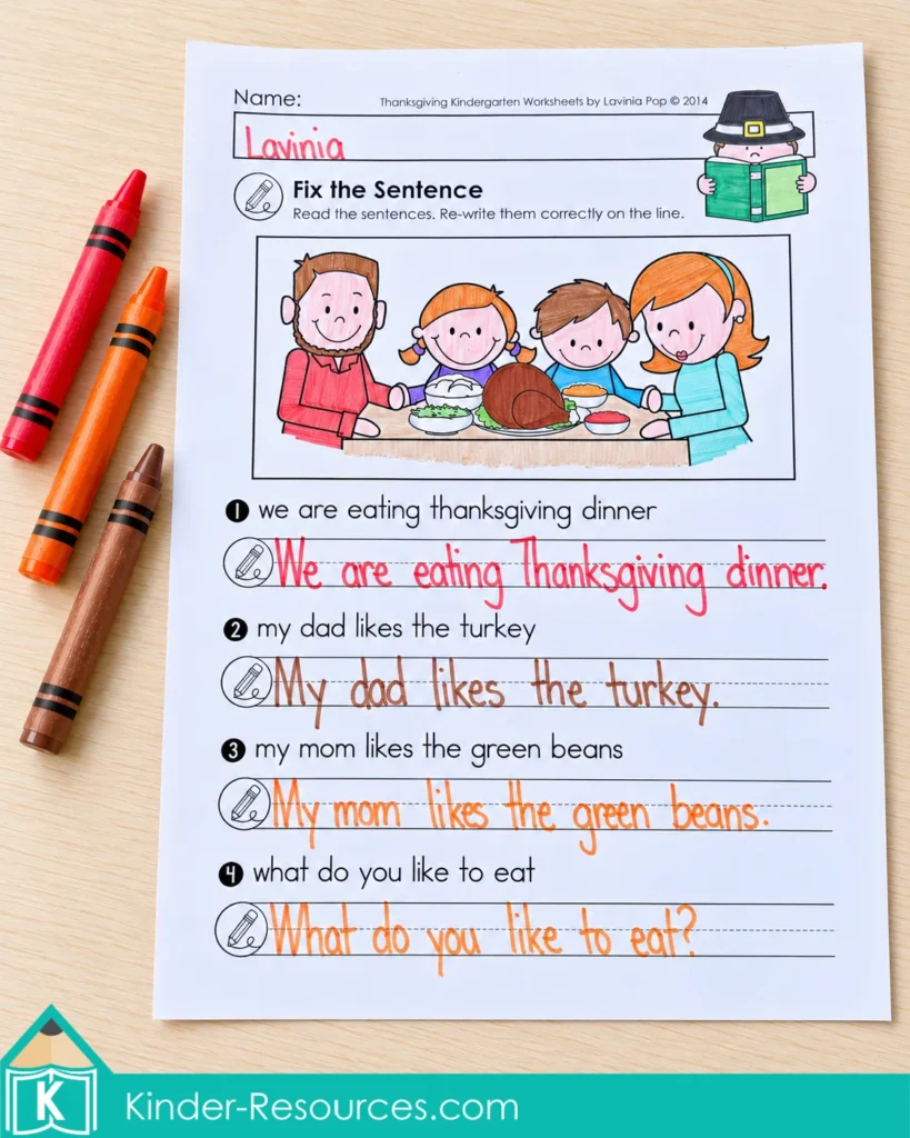 Thanksgiving sentence editing worksheet showing corrected capital letters, periods, and a question mark on handwriting lines.
