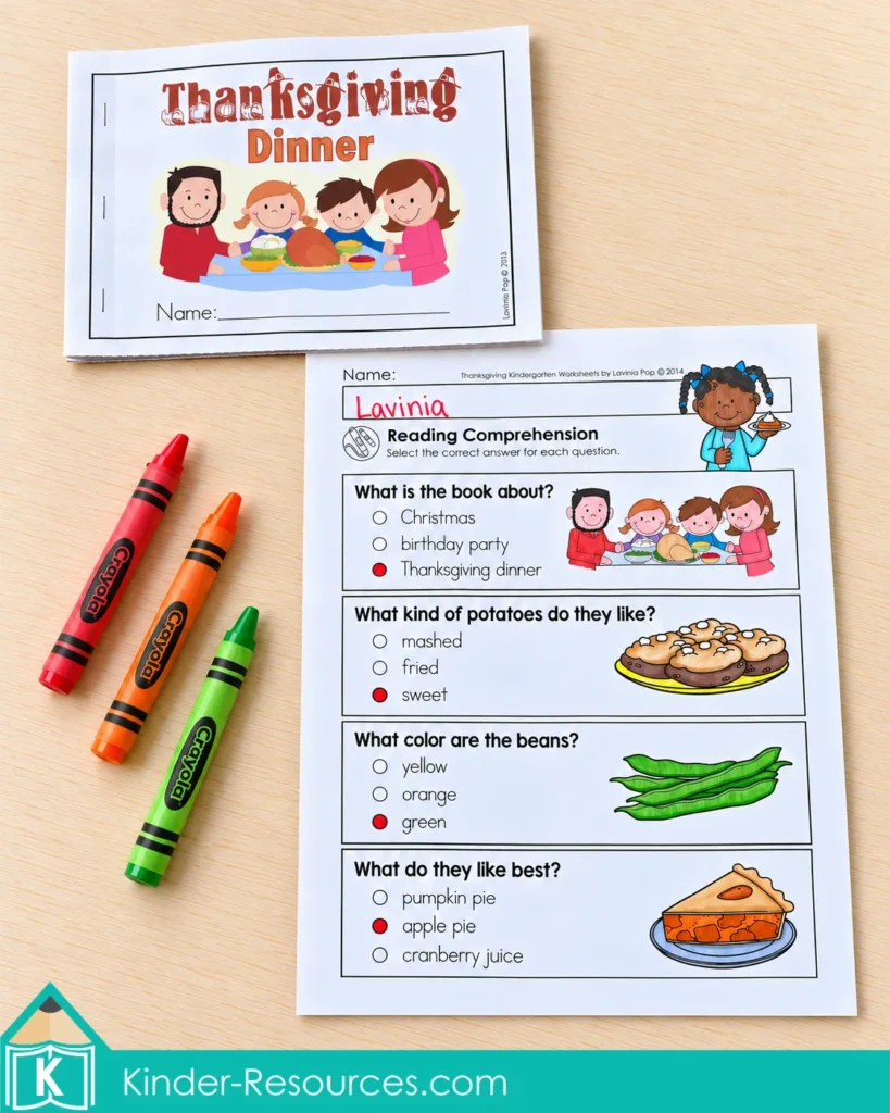 Thanksgiving Dinner emergent reader beside a completed comprehension worksheet about the meal, sweet potatoes, green beans, and apple pie.