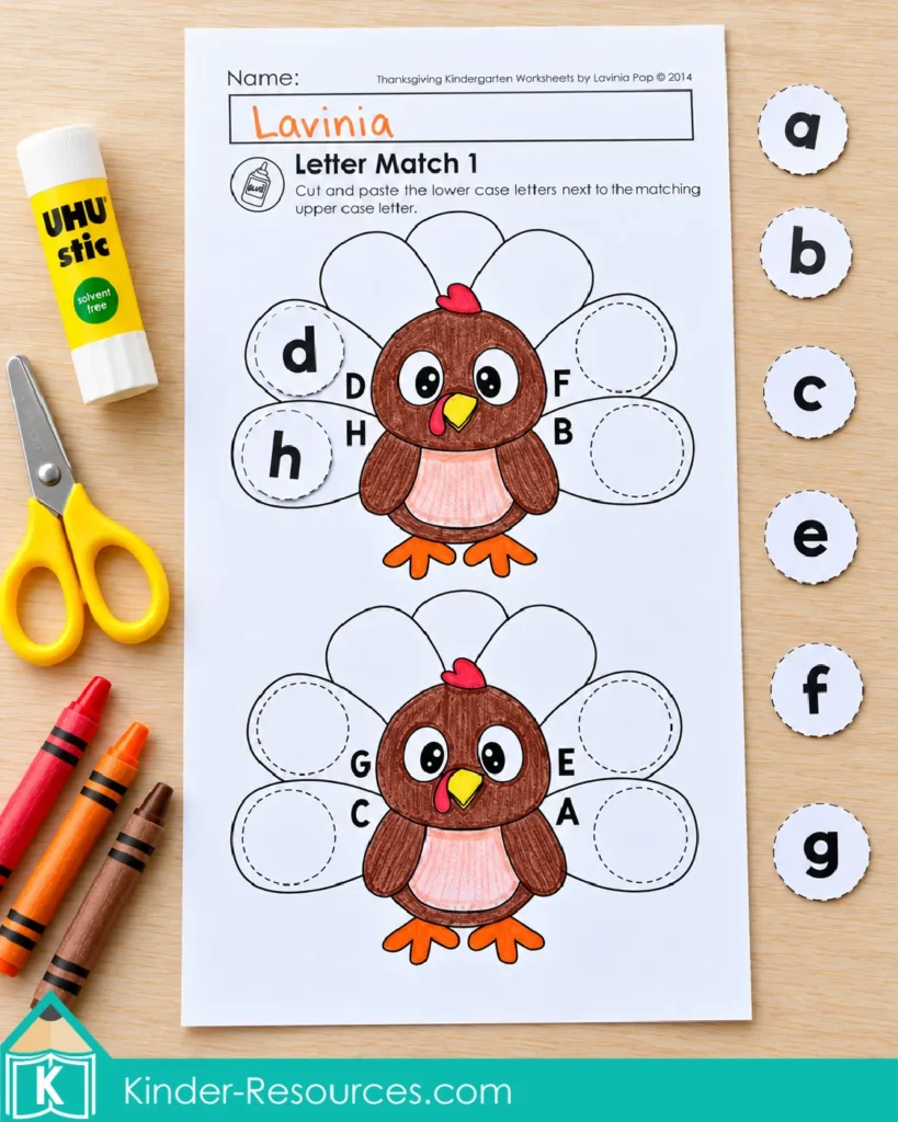 Thanksgiving turkey letter-matching worksheet with lowercase d and h pasted beside uppercase D and H, and six loose letter circles ready to match.