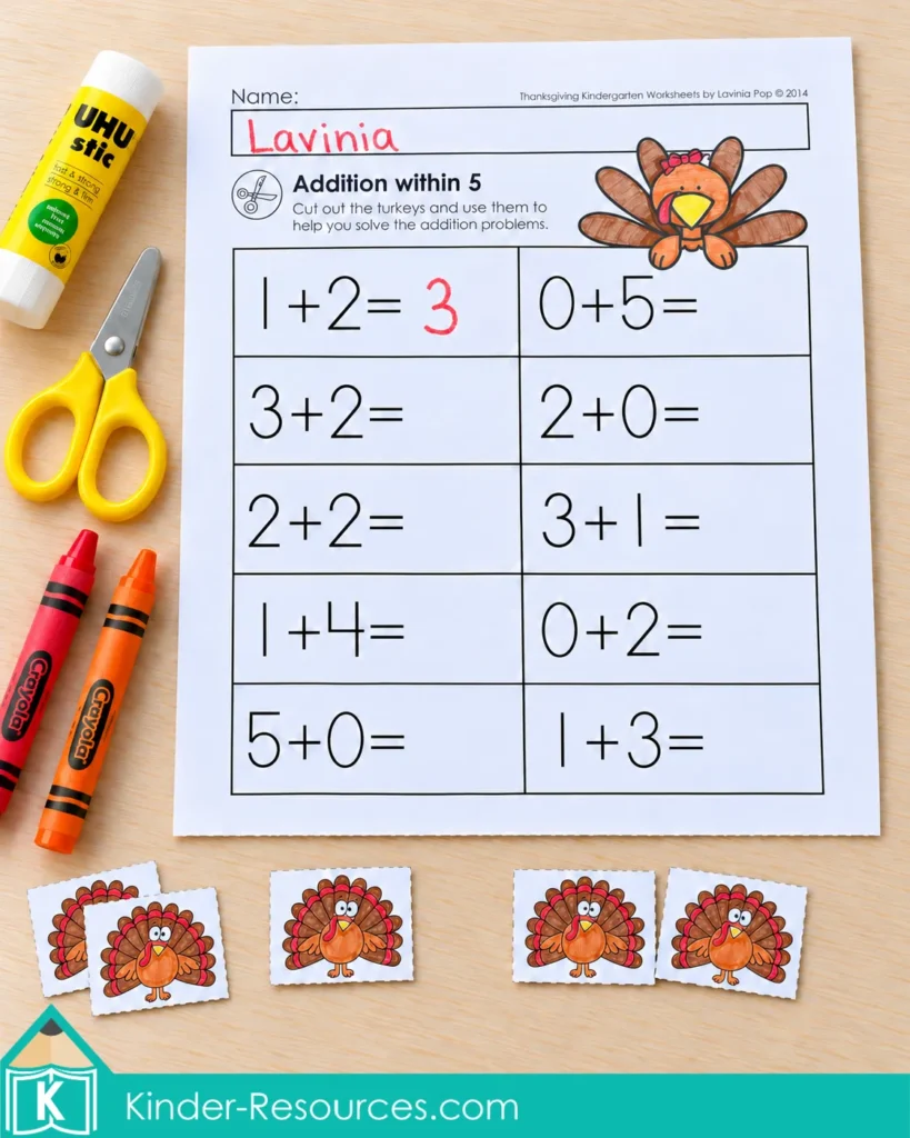 Thanksgiving addition worksheet with movable turkey counters demonstrating one plus two equals three.