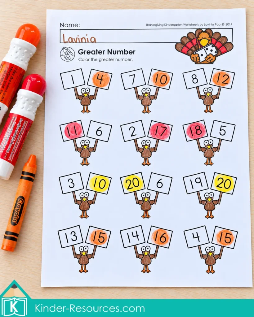 Thanksgiving number comparison worksheet with the greater number in each pair highlighted on colored turkeys.