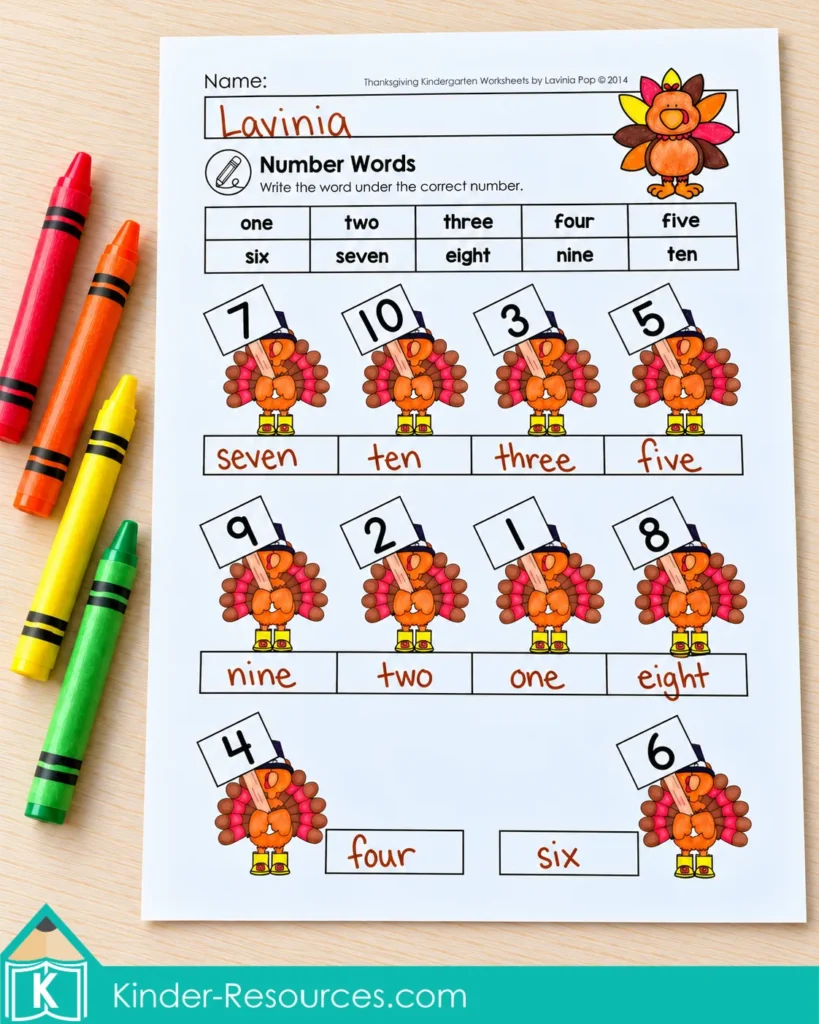 Thanksgiving number words worksheet with numerals and handwritten number names from one to ten beneath colored hats and shoes.