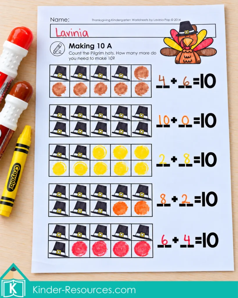 Completed Thanksgiving making ten worksheet using Pilgrim hats and colored dots in ten frames to show addition combinations totaling ten.