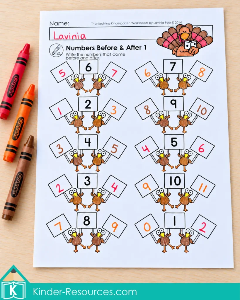 Thanksgiving number order worksheet with handwritten numbers before and after the numerals on turkey-held signs.
