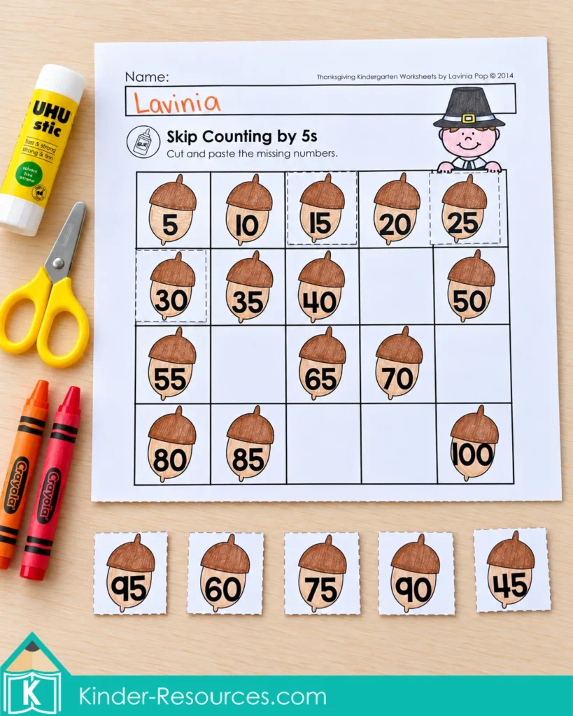 Thanksgiving skip counting worksheet with numbered acorns from five to one hundred and loose cards for the missing numbers.