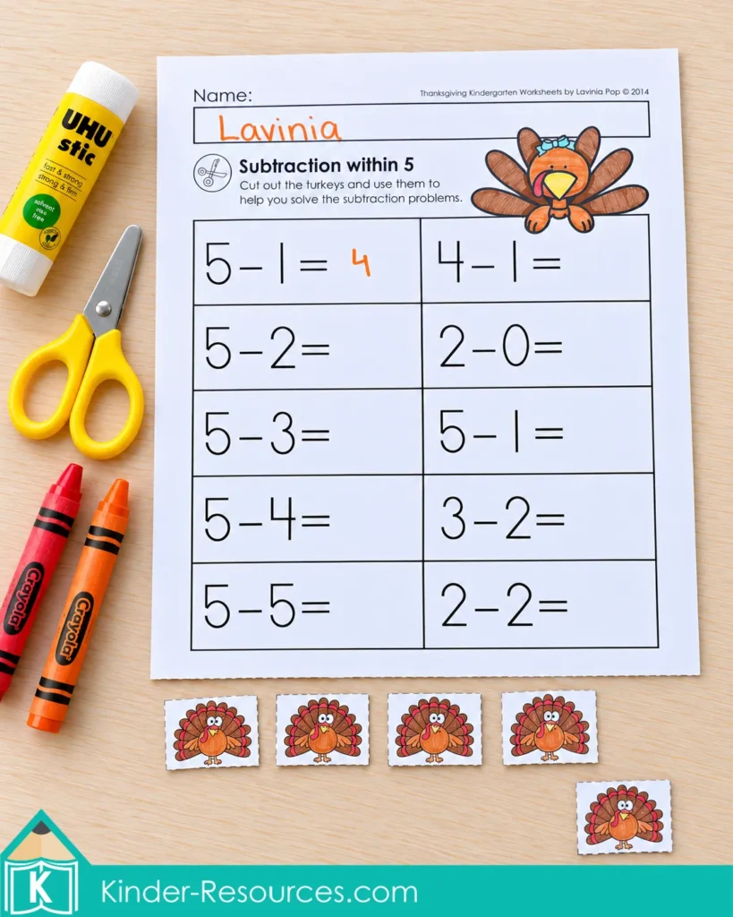 Thanksgiving subtraction worksheet showing five minus one equals four, with four turkey counters grouped together and one set aside.