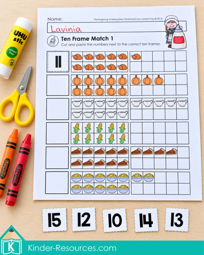 Thanksgiving ten frame matching worksheet showing quantities from ten to fifteen, with eleven pasted in place and five loose number cards.